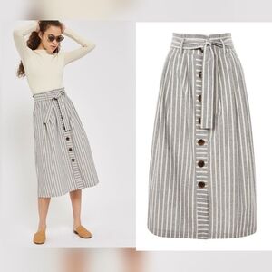 ASOS TOPSHOP Midi Skirt Women US 2 Striped Paperbag Button Pockets Chambray